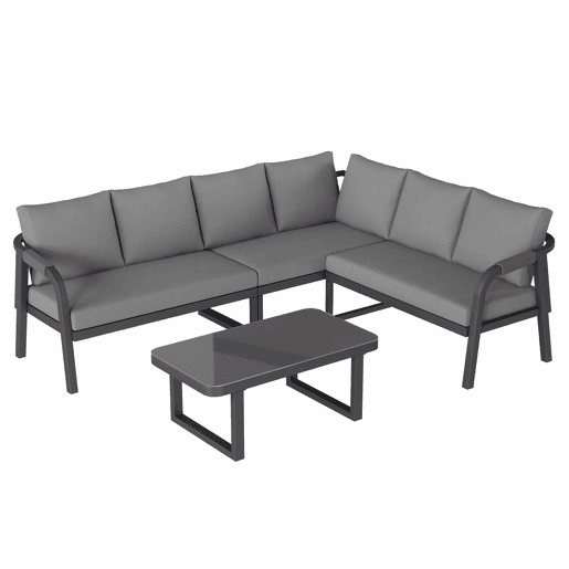 Conjunto de jardim para 6 pessoas - sofá de canto com encosto e braços trançados, estrutura em aço galvanizado, inclui mesa de centro - cinzento