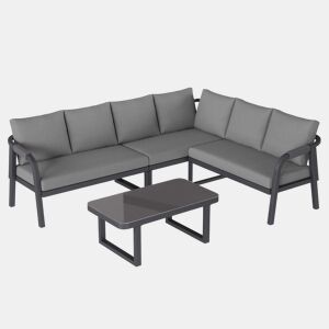 Conjunto de jardim para 6 pessoas - sofá de canto com encosto e braços trançados, estrutura em aço galvanizado, inclui mesa de centro - cinzento