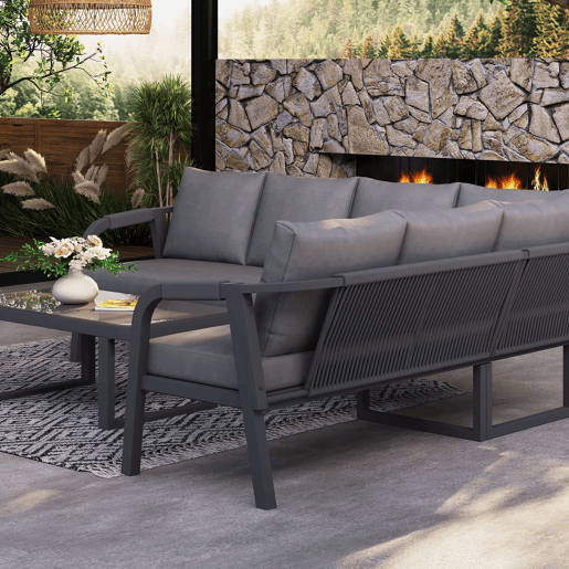 Conjunto de jardim para 6 pessoas - sofá de canto com encosto e braços trançados, estrutura em aço galvanizado, inclui mesa de centro - cinzento