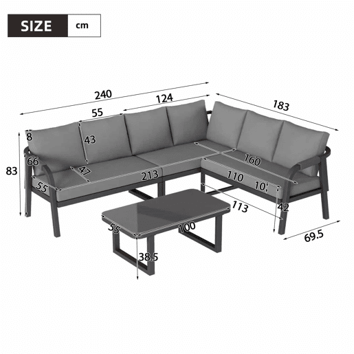 Conjunto de jardim para 6 pessoas - sofá de canto com encosto e braços trançados, estrutura em aço galvanizado, inclui mesa de centro - cinzento