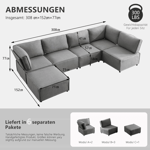 Sofá modular + 6 lugares - versátil, flexível e fácil de montar, adequado para todo o tipo de casas - cinzento claro