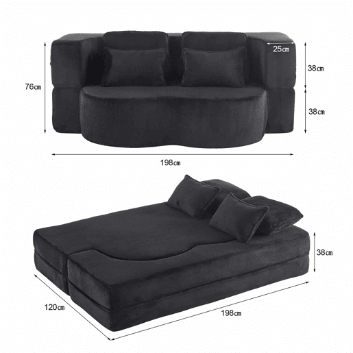 Sofá-cama de 2 lugares - moderno, com 4 almofadas, colchão dobrável de espuma de alta densidade - preto