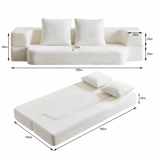 Sofá-cama de 2 lugares - design moderno, convertível, pronto a usar, fácil de transportar - branco
