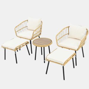 Conjunto de jardim de 5 peças - 1 mesa, 2 cadeiras, 2 bancos, rattan - branco + natural