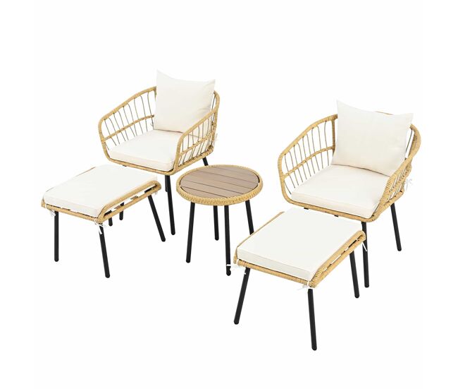 Conjunto de jardín 5 piezas - 1 mesa, 2 sillas, 2 taburetes, rattan - blanco+natural
