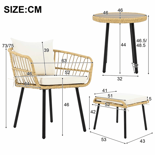 Conjunto de jardim de 5 peças - 1 mesa, 2 cadeiras, 2 bancos, rattan - branco + natural