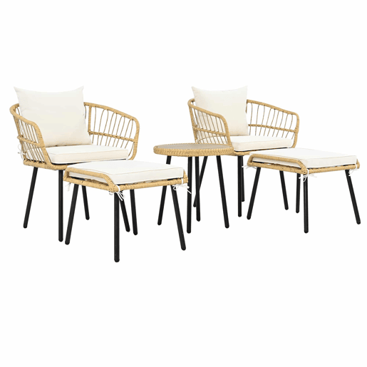 Conjunto de jardim de 5 peças - 1 mesa, 2 cadeiras, 2 bancos, rattan - branco + natural