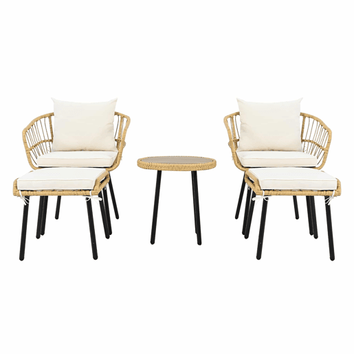 Conjunto de jardim de 5 peças - 1 mesa, 2 cadeiras, 2 bancos, rattan - branco + natural