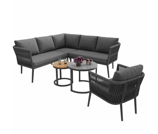 Conjunto de lounge de jardín 5-6 personas - sofá modular exterior 6 piezas con asientos de cuerda y cojines impermeables - gris