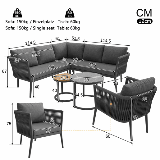 Conjunto de lounge de jardim para 5-6 pessoas - Sofá modular de exterior de 6 peças com assentos em corda e almofadas impermeáveis - Cinza