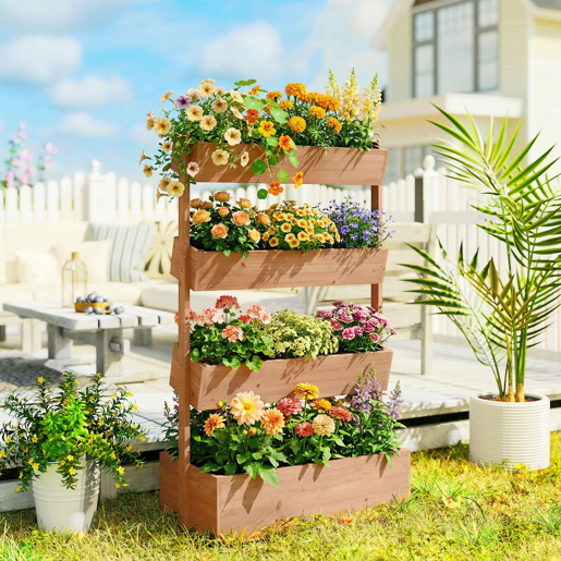 Outsunny Canteiro de Madeira de 4 Níveis Canteiro Elevado Exterior com Orifícios de Drenagem e Tecido Não Tecido Macetero para Cultivos Plantas Flores para Terraço Jardim, 85x45x140 cm Castanho