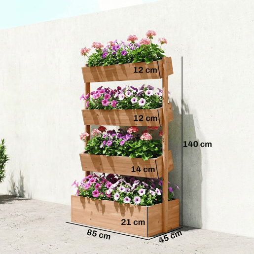 Outsunny Canteiro de Madeira de 4 Níveis Canteiro Elevado Exterior com Orifícios de Drenagem e Tecido Não Tecido Macetero para Cultivos Plantas Flores para Terraço Jardim, 85x45x140 cm Castanho