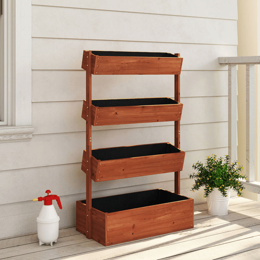 Outsunny Canteiro de Madeira de 4 Níveis Canteiro Elevado Exterior com Orifícios de Drenagem e Tecido Não Tecido Macetero para Cultivos Plantas Flores para Terraço Jardim, 85x45x140 cm Castanho