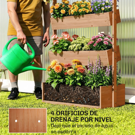 Outsunny Canteiro de Madeira de 4 Níveis Canteiro Elevado Exterior com Orifícios de Drenagem e Tecido Não Tecido Macetero para Cultivos Plantas Flores para Terraço Jardim, 85x45x140 cm Castanho
