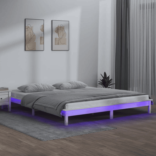 Estrutura de Cama de casal simple c LED casal 135x190 cm madeira maciça branco