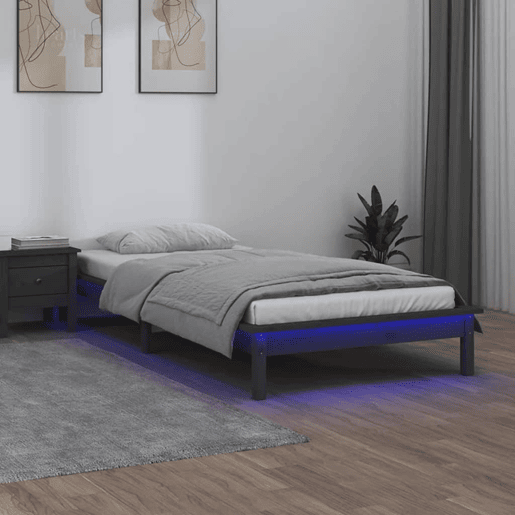 Estrutura de cama de solteiro para adultos c luzes LED 90x200cm madeira maciça cinzento