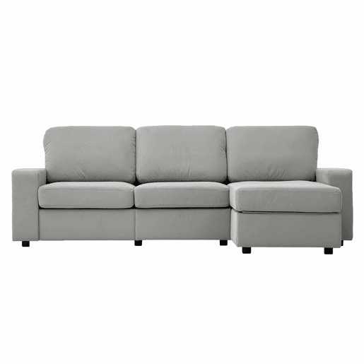 Sofá de canto de 3 lugares - com arrumação, chaise longue, moderno e confortável, molas ensacadas - cinzento claro