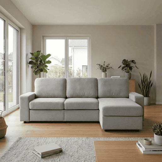 Sofá de canto de 3 lugares - com arrumação, chaise longue, moderno e confortável, molas ensacadas - cinzento claro
