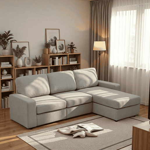 Sofá de canto de 3 lugares - com arrumação, chaise longue, moderno e confortável, molas ensacadas - cinzento claro
