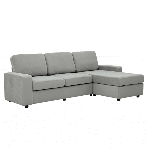 Sofá de canto de 3 lugares - com arrumação, chaise longue, moderno e confortável, molas ensacadas - cinzento claro