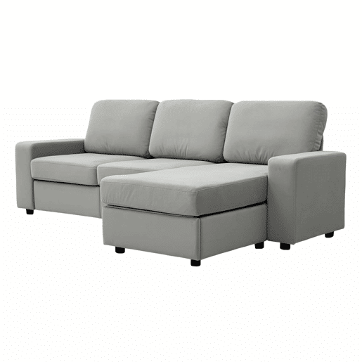 Sofá de canto de 3 lugares - com arrumação, chaise longue, moderno e confortável, molas ensacadas - cinzento claro