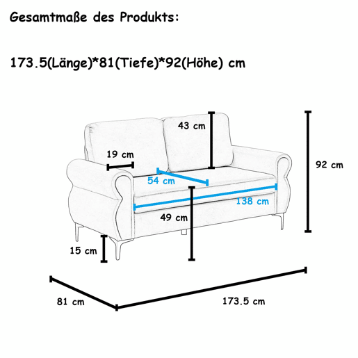 Sofá de sala de estar de 2 lugares - compacto, resistente e funcional - Azul