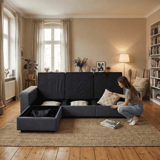 Sofá de canto de 3 lugares - multifuncional, com 4 compartimentos de arrumação, chaise longue, confortável - cinzento escuro