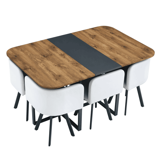 Conjunto de sala de jantar para 4-6 pessoas - Mesa extensÃvel e cadeiras dobráveis - Madeira natural e preto Conjunto de sala de jantar para 4-6 pessoas - Mesa extensÃvel e cadeiras dobráveis - Madeira natural e preto