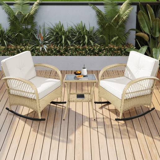 Mesa e cadeiras de jardim de rattan com 2 cadeiras,bege