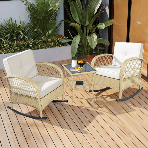 Mesa e cadeiras de jardim de rattan com 2 cadeiras,bege