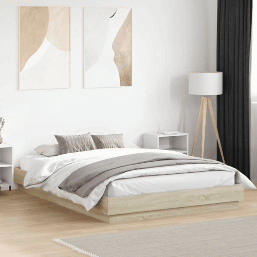 Estrutura de Cama de casal moderno com luzes LED 160x200 cm carvalho sonoma