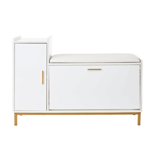 Banco sapateiro 100x38x68 cm - 2 compartimentos, armário e assento almofadado - branco dourado Banco sapateiro 100x38x68 cm - 2 compartimentos, armário e assento almofadado - branco dourado