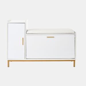 Banco sapateiro 100x38x68 cm - 2 compartimentos, armário e assento almofadado - branco dourado