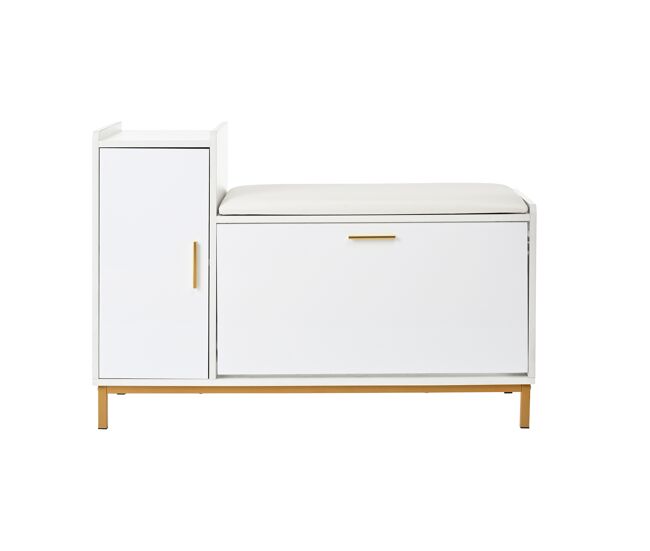 Zapatero banco 100x38x68 cm - 2 compartimentos, armario y asiento acolchado - blanco oro