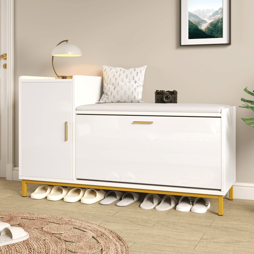 Banco sapateiro 100x38x68 cm - 2 compartimentos, armário e assento almofadado - branco dourado Banco sapateiro 100x38x68 cm - 2 compartimentos, armário e assento almofadado - branco dourado
