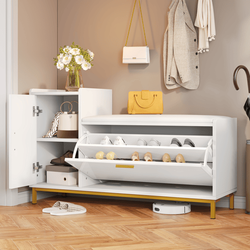 Banco sapateiro 100x38x68 cm - 2 compartimentos, armário e assento almofadado - branco dourado Banco sapateiro 100x38x68 cm - 2 compartimentos, armário e assento almofadado - branco dourado