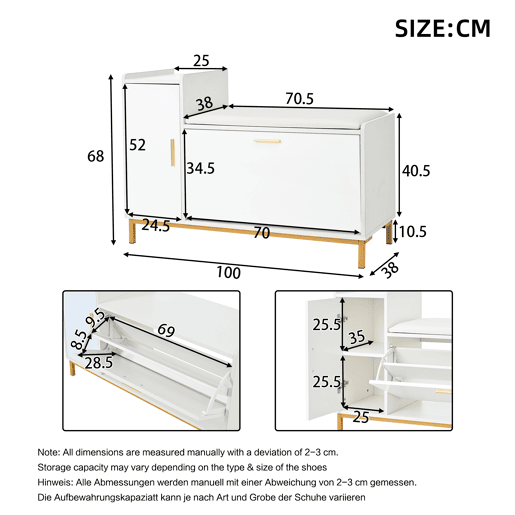Banco sapateiro 100x38x68 cm - 2 compartimentos, armário e assento almofadado - branco dourado Banco sapateiro 100x38x68 cm - 2 compartimentos, armário e assento almofadado - branco dourado