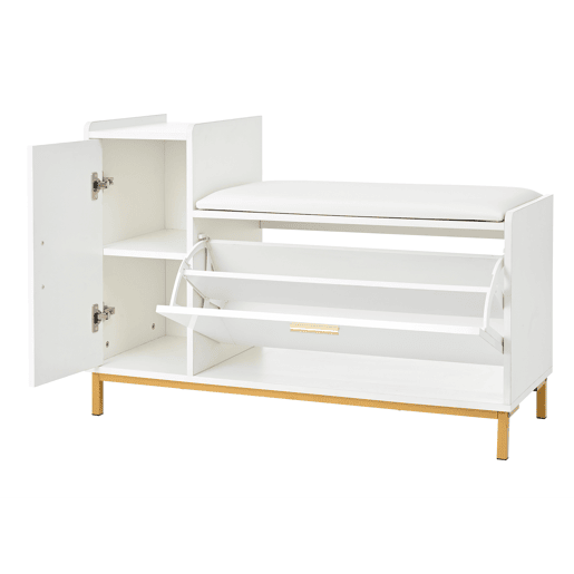 Banco sapateiro 100x38x68 cm - 2 compartimentos, armário e assento almofadado - branco dourado Banco sapateiro 100x38x68 cm - 2 compartimentos, armário e assento almofadado - branco dourado