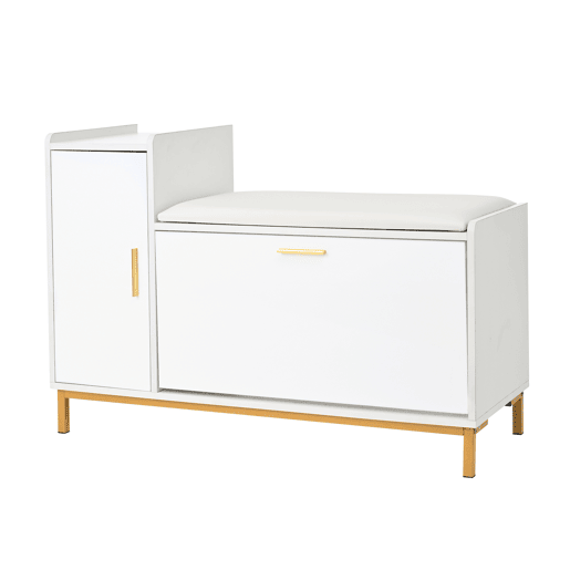 Banco sapateiro 100x38x68 cm - 2 compartimentos, armário e assento almofadado - branco dourado Banco sapateiro 100x38x68 cm - 2 compartimentos, armário e assento almofadado - branco dourado