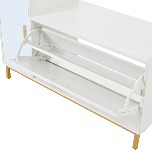 Banco sapateiro 100x38x68 cm - 2 compartimentos, armário e assento almofadado - branco dourado Banco sapateiro 100x38x68 cm - 2 compartimentos, armário e assento almofadado - branco dourado