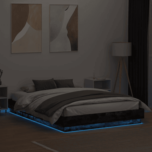 Estrutura de Cama de casal moderno com luzes LED 150x200 cm carvalho fumado
