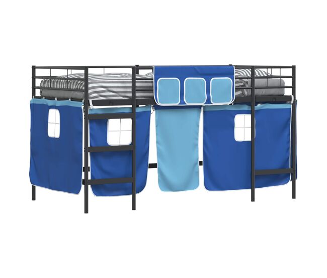 Estructura de cama alta para niños con cortinas negro y azul