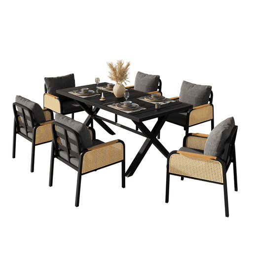 Mesa e cadeiras de jardim de metal com 6 cadeiras,preto+natural