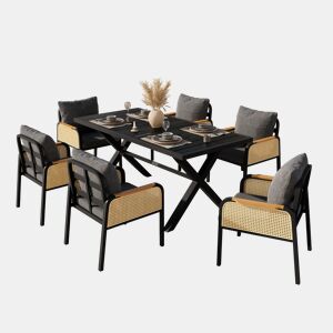 Mesa e cadeiras de jardim de metal com 6 cadeiras,preto+natural