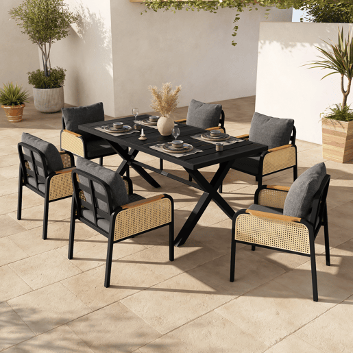 Mesa e cadeiras de jardim de metal com 6 cadeiras,preto+natural