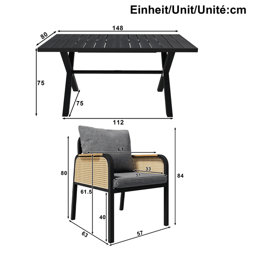 Mesa e cadeiras de jardim de metal com 6 cadeiras,preto+natural