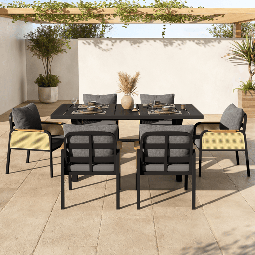 Mesa e cadeiras de jardim de metal com 6 cadeiras,preto+natural