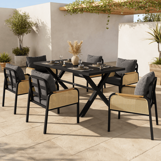 Mesa e cadeiras de jardim de metal com 6 cadeiras,preto+natural