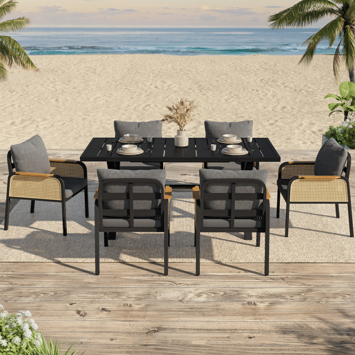 Mesa e cadeiras de jardim de metal com 6 cadeiras,preto+natural