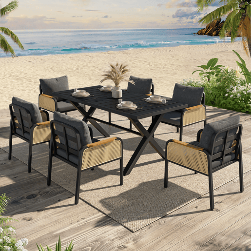 Mesa e cadeiras de jardim de metal com 6 cadeiras,preto+natural